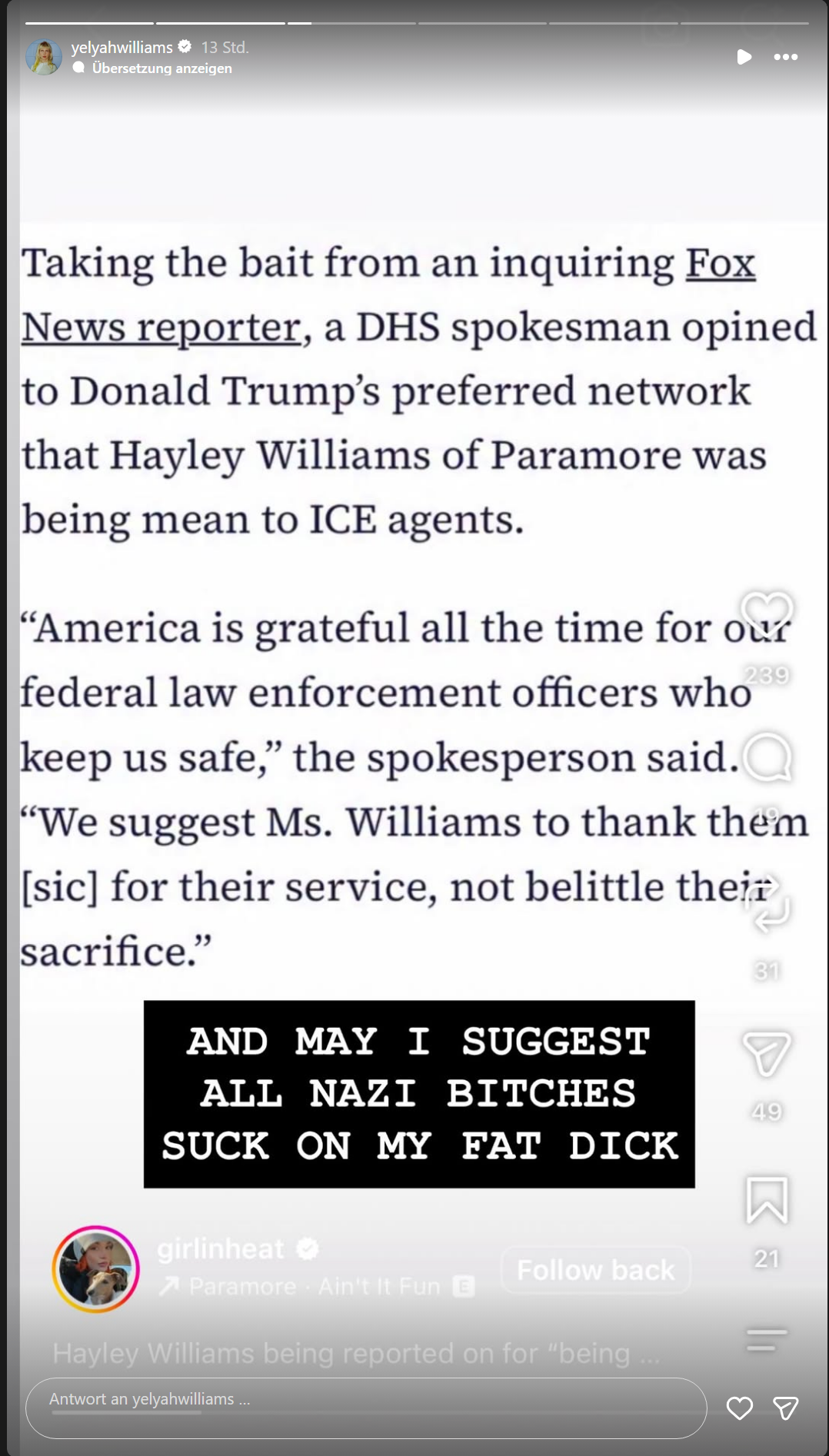 Hayley Williams gegen US-Einwanderhungsbehörde ICE: "Alle Nazi-Schlampen sollen an meinem fetten Schwanz lutschen"